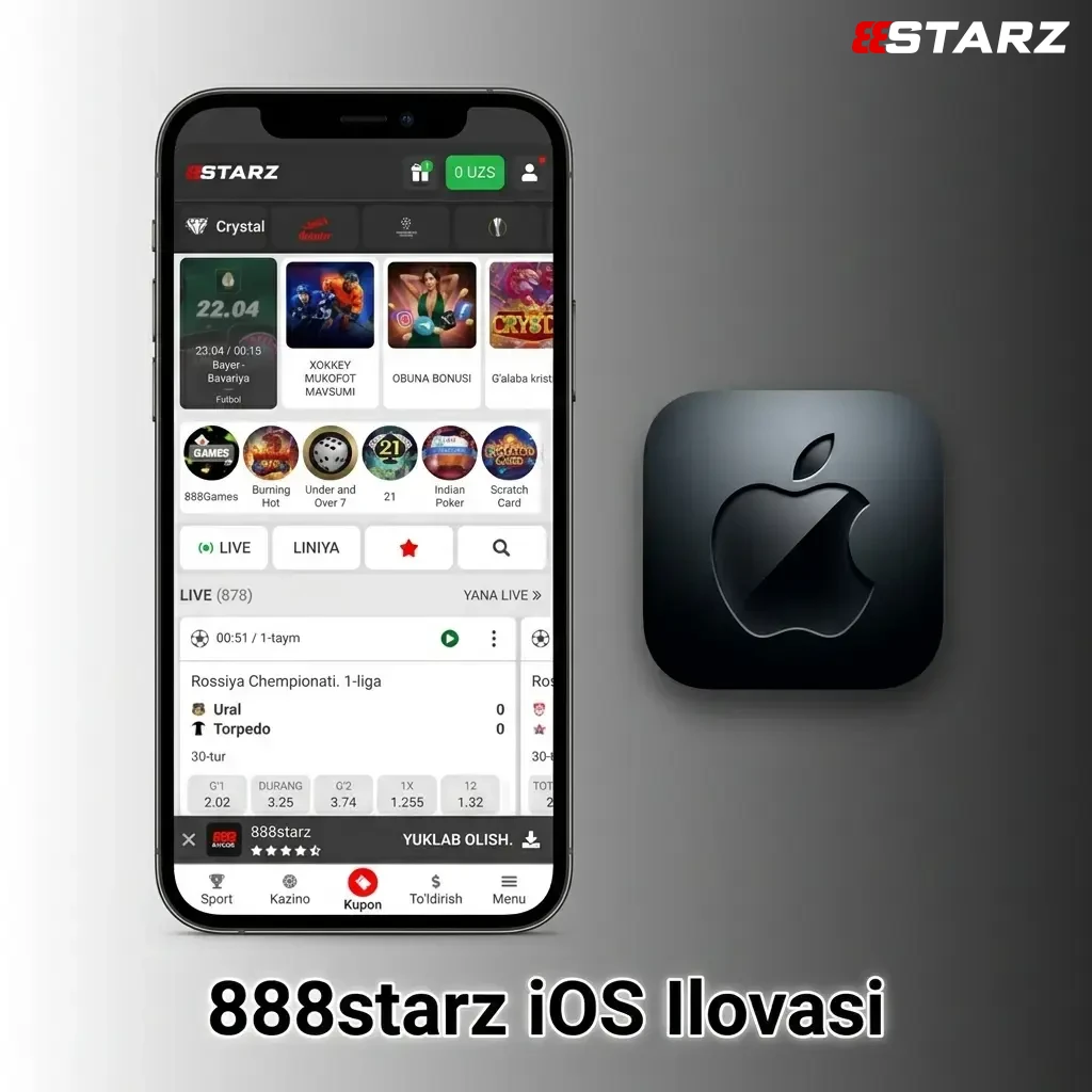 888starz iOS ilovasi iPhone va iPad uchun, sport stavkalari va kazino o'yinlari bilan to'liq funksional platforma