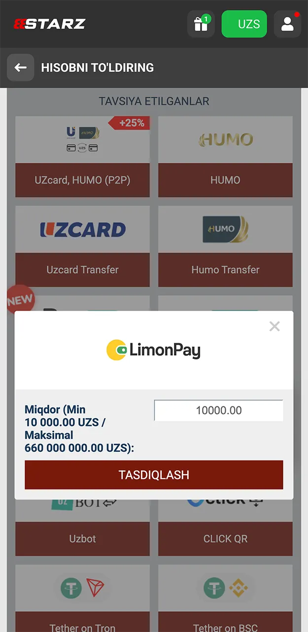 888starz saytida depozit kiritayotganda to'lov usuli sifatida LimonPay'dan foydalaning.