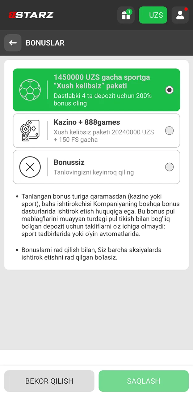 888starz'dan o'zingizga yoqqan bonusni tanlang va talab qiling.