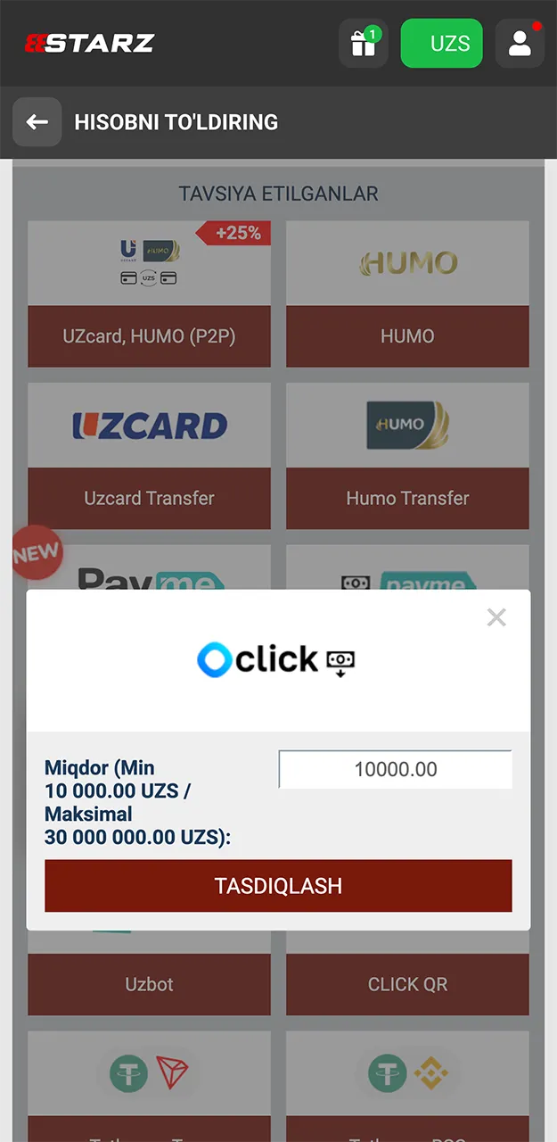 888starz saytida oclick to'lov tizimi orqali depozit kiritish.