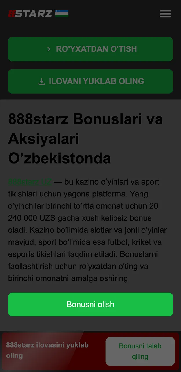 888starz'dan xush kelibsiz bonusini talab qilish jarayonini boshlang.