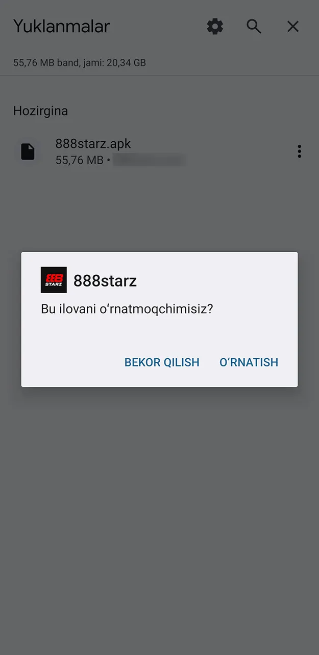 888starz ilovasining o'rnatilishini tasdiqlang va uning tugashini kuting.