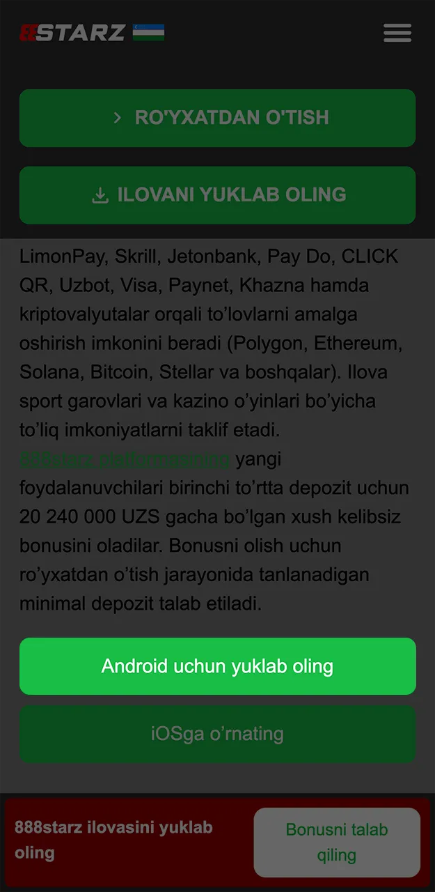 Ilovani o'rnatishni boshlash uchun 888starz saytiga kiring.
