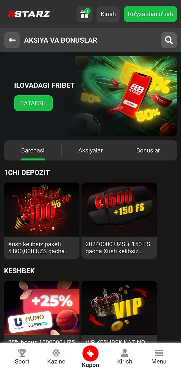 888starz ilovasidagi aksiyalar va bonus takliflari.