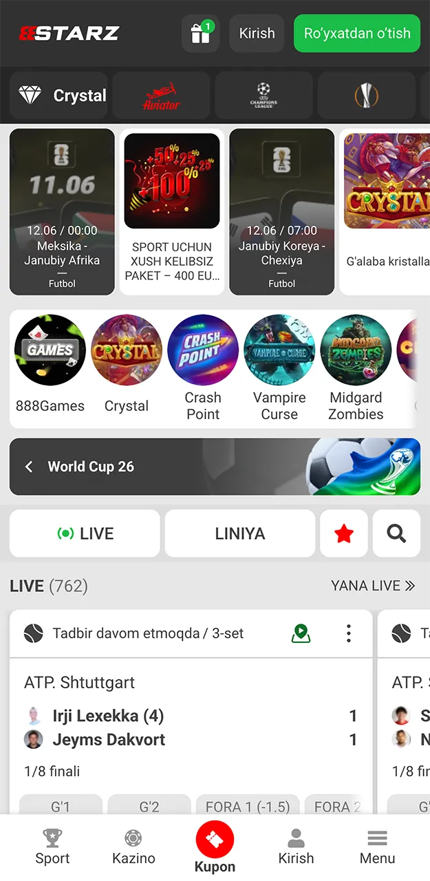 888starz ilovasidagi bosh ekran.