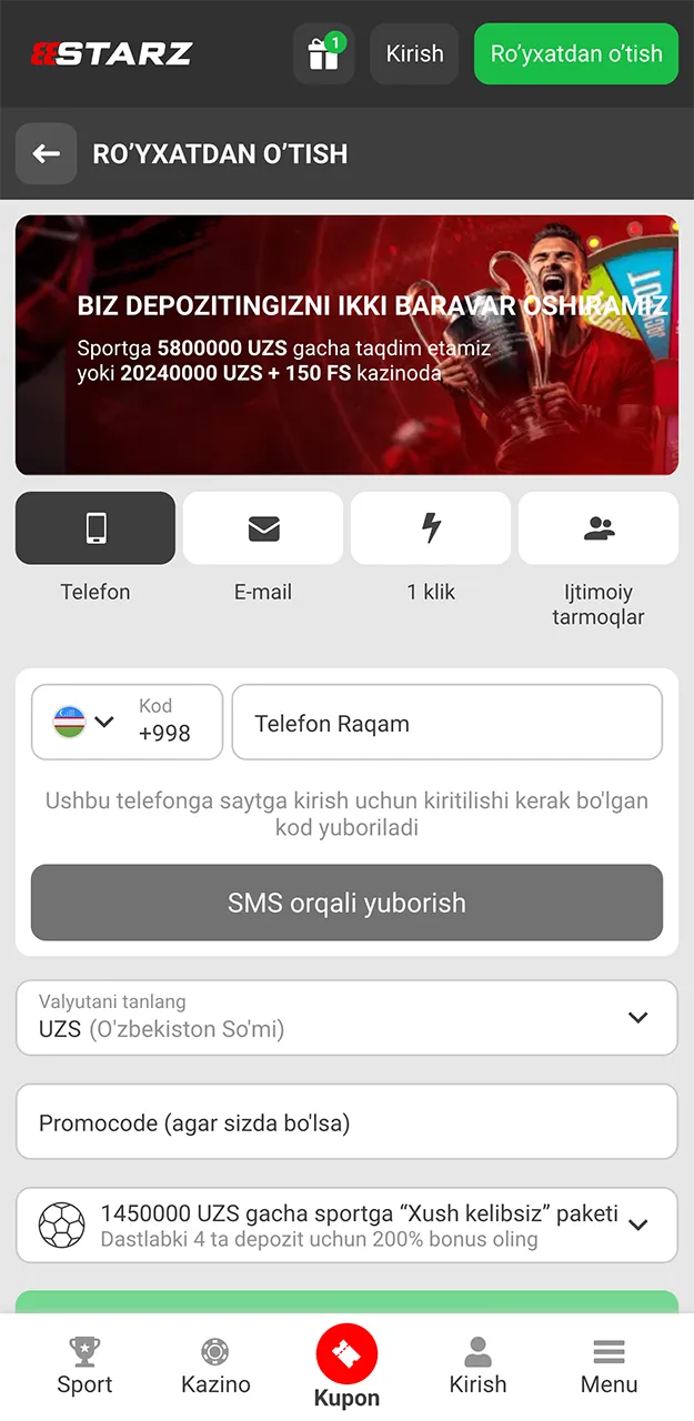 888starz mobil ilovasidagi ro'yxatdan o'tish shakli.