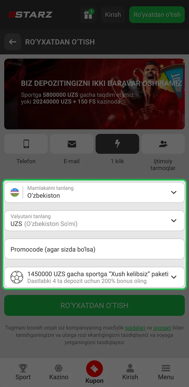 Iltimos, 888starz ilovasida ro'yxatdan o'tish uchun zarur ma'lumotlarni kiriting.
