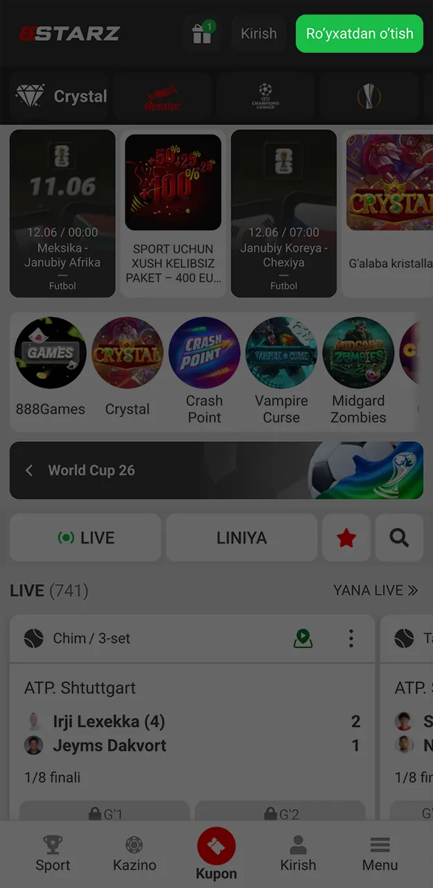 888starz ilovasining interfeysiga nazar soling va ro'yxatdan o'tish jarayonini boshlang.