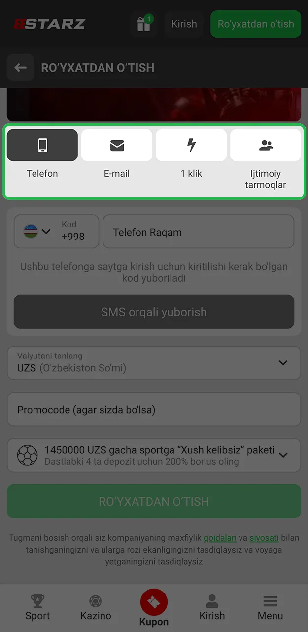 Iltimos, 888starz ilovasida taqdim etilgan ro'yxatdan o'tish usullaridan birini ishlating.