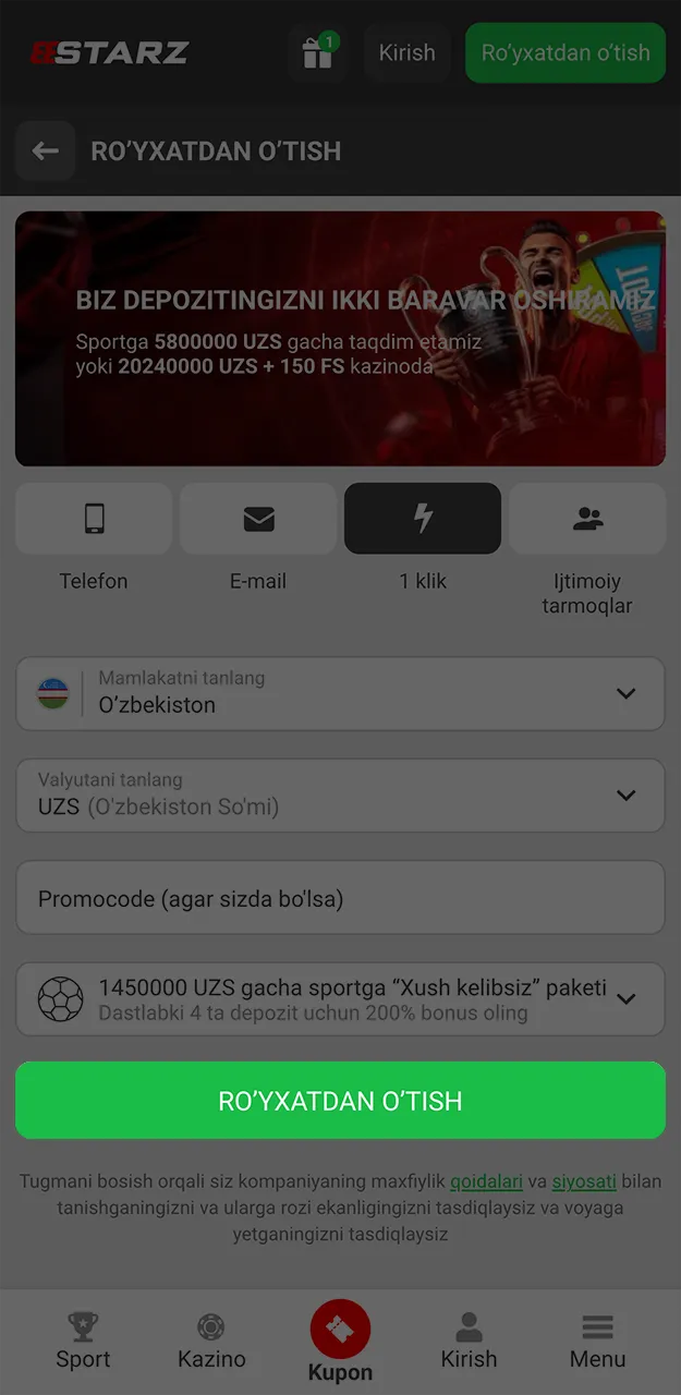 Ro'yxatdan o'ting va 888starz ilovasida birinchi depozitingizni kirit.