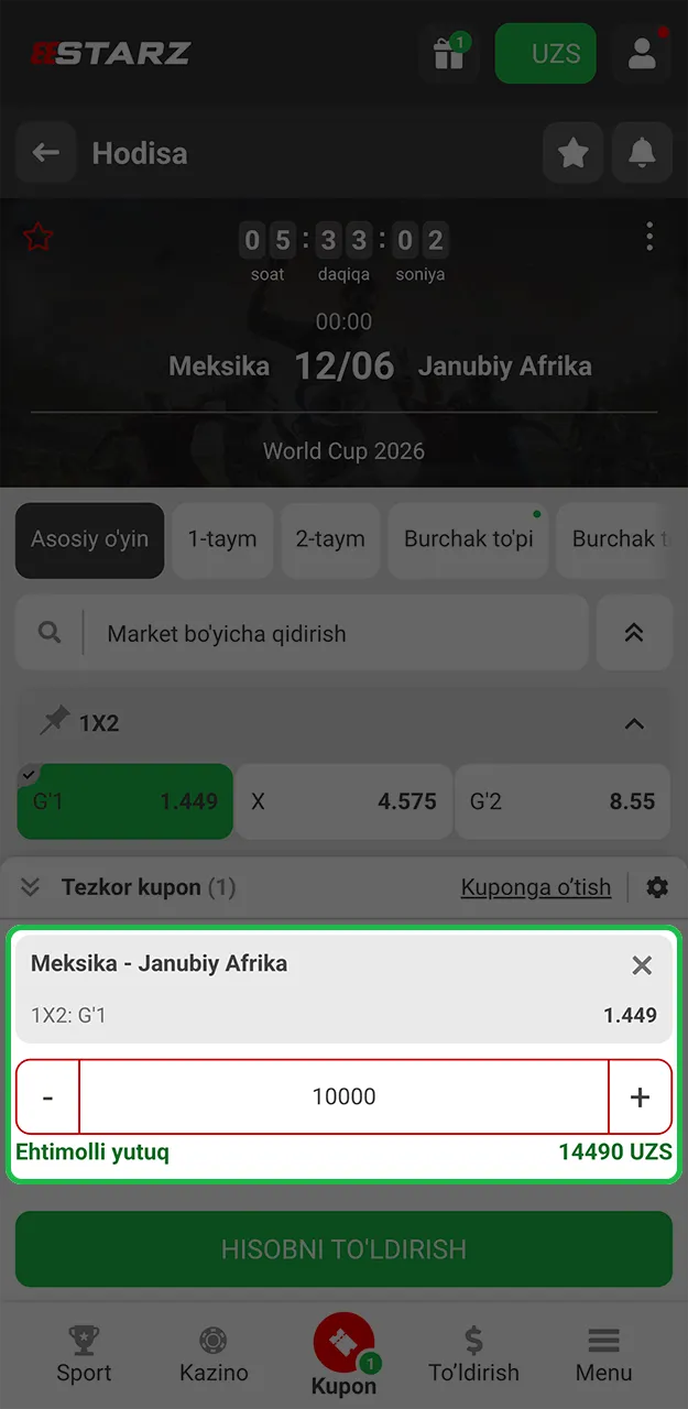 888starz saytida tanlagan o'yin uchun mumkin bo'lgan garov miqdorini aniqlang.