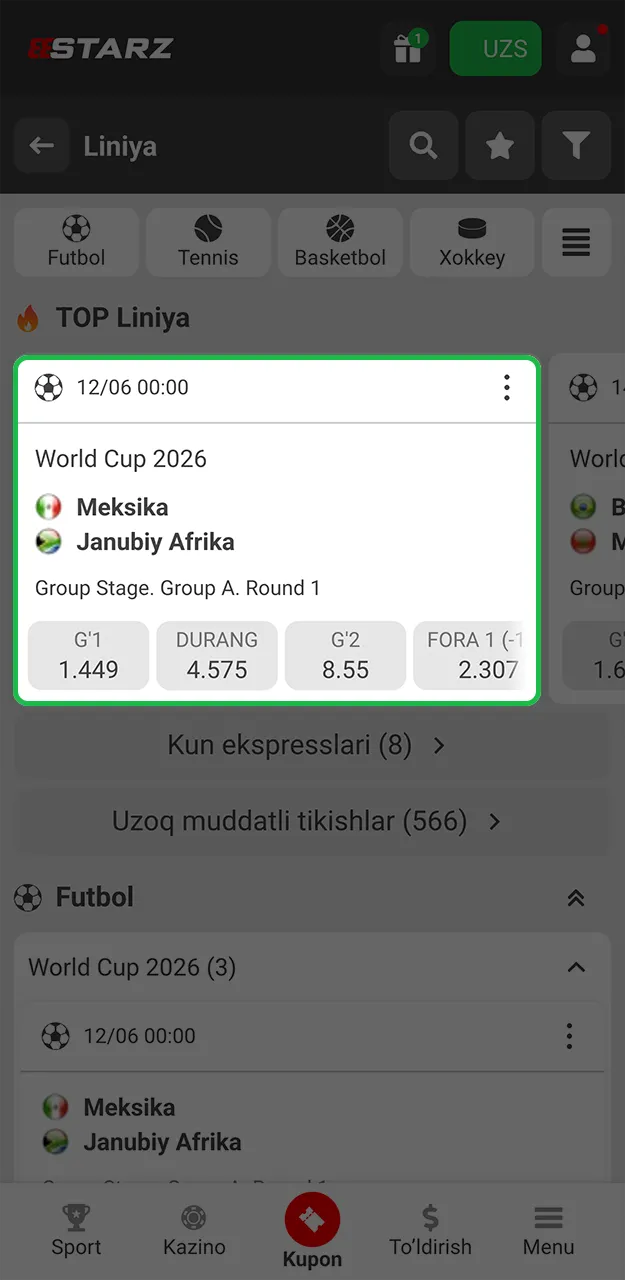 888starz saytida sevimli jamoangiz ishtirokidagi o'yinni tanlang.