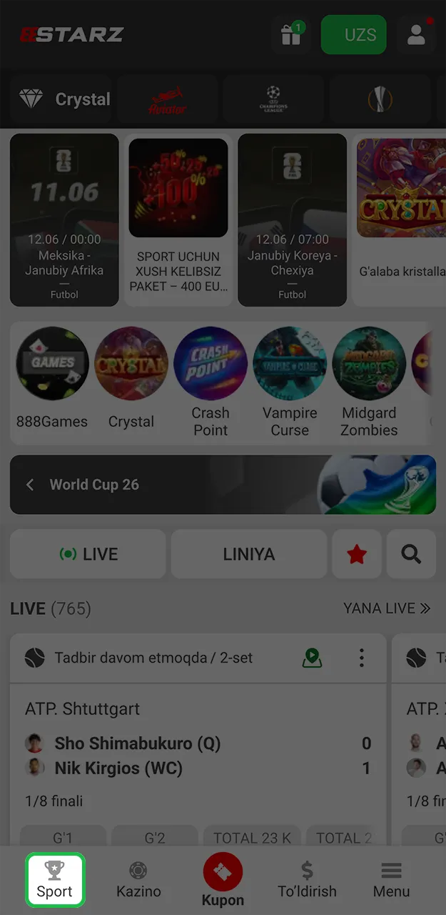 888starz saytining Sport yorlig'iga o'ting va taklif etilayotgan sport turlariga nazar soling.