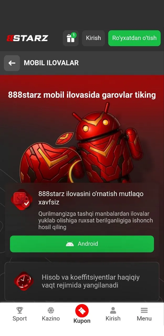 888starz ilovasini yangilash uchun zarur o'rnatish faylini yuklab oling.