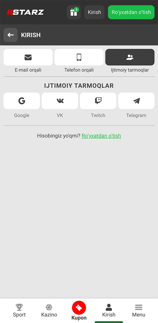 888starz saytida mashhur ijtimoiy tarmoq platformalaridan foydalanib hisobingizga kiring.