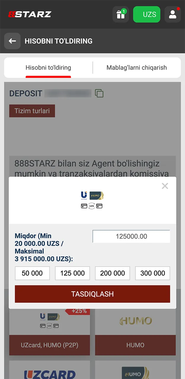 Iltimos, 888starz saytida depozit formasini ko'ring.