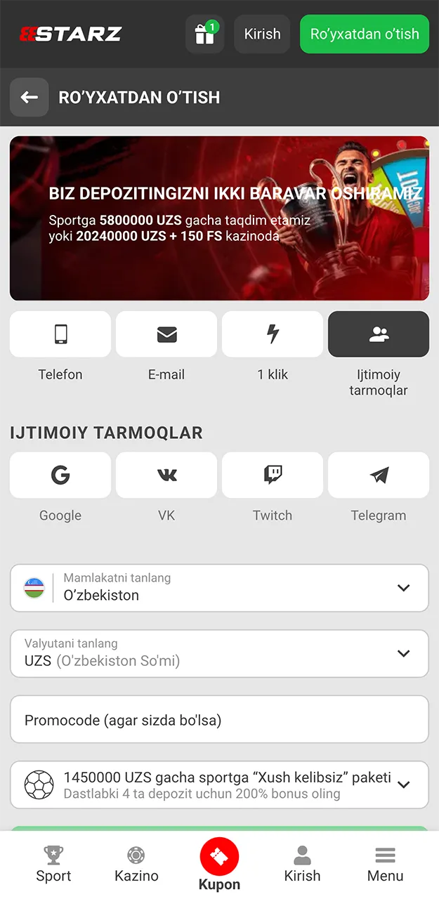 888starz saytida Telegram orqali ro'yxatdan o'ting.