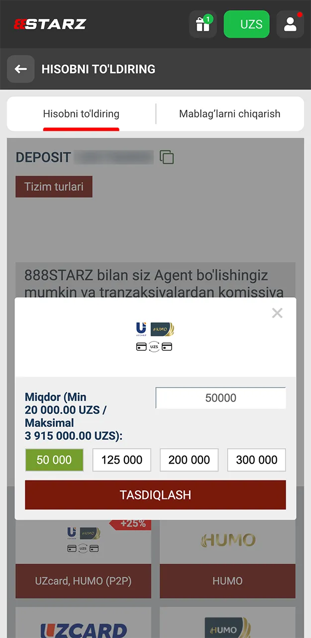 Xohlagan depozit miqdorini kiriting va mablag'lar 888starz hisobingizga o'tkazilishini kuting.