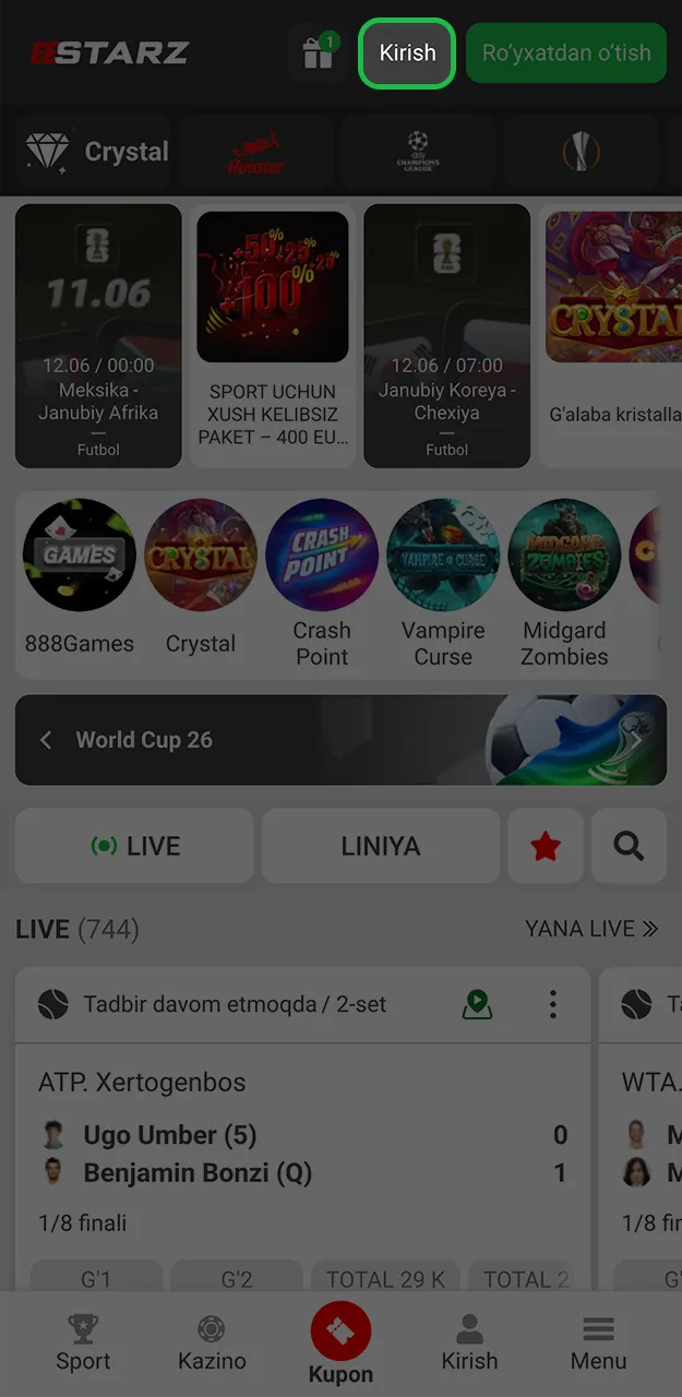 888starz saytida kirish formasini oching.