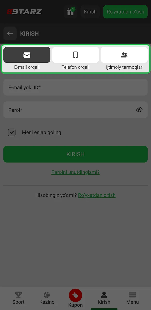 888starz saytida elektron pochta manzilingiz orqali tizimga kiring.