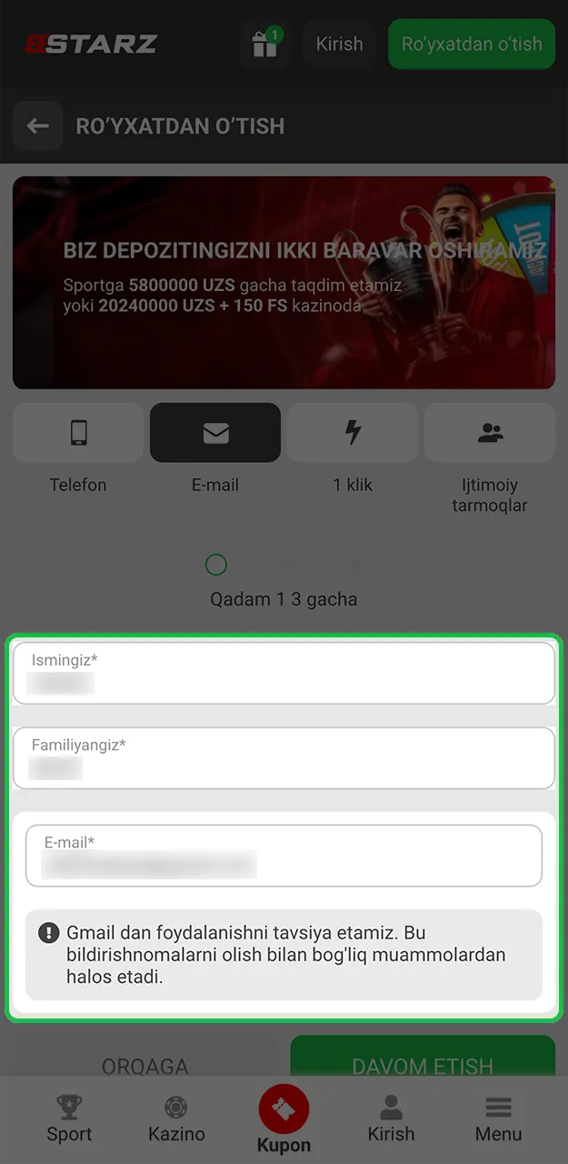 Iltimos, 888starz ilovasida ro'yxatdan o'tish uchun zarur ma'lumotlarni kiriting.