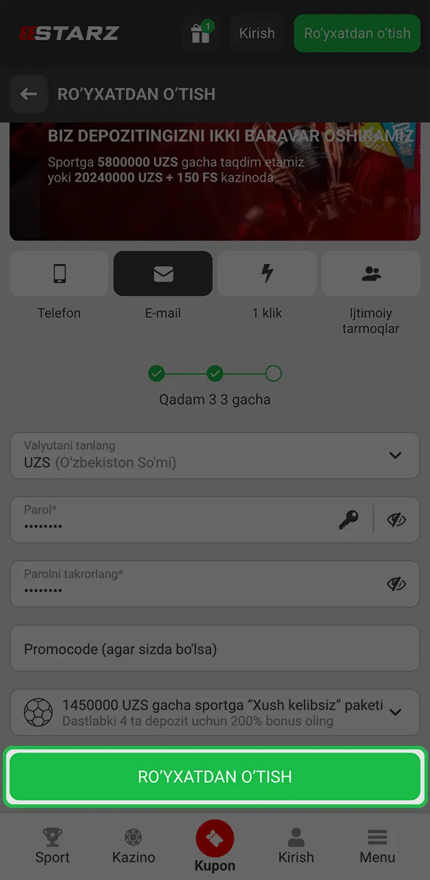 888starz saytida akkaunt ro'yxatdan o'tish jarayonini yakunlang va garov o'ynashni boshlang.