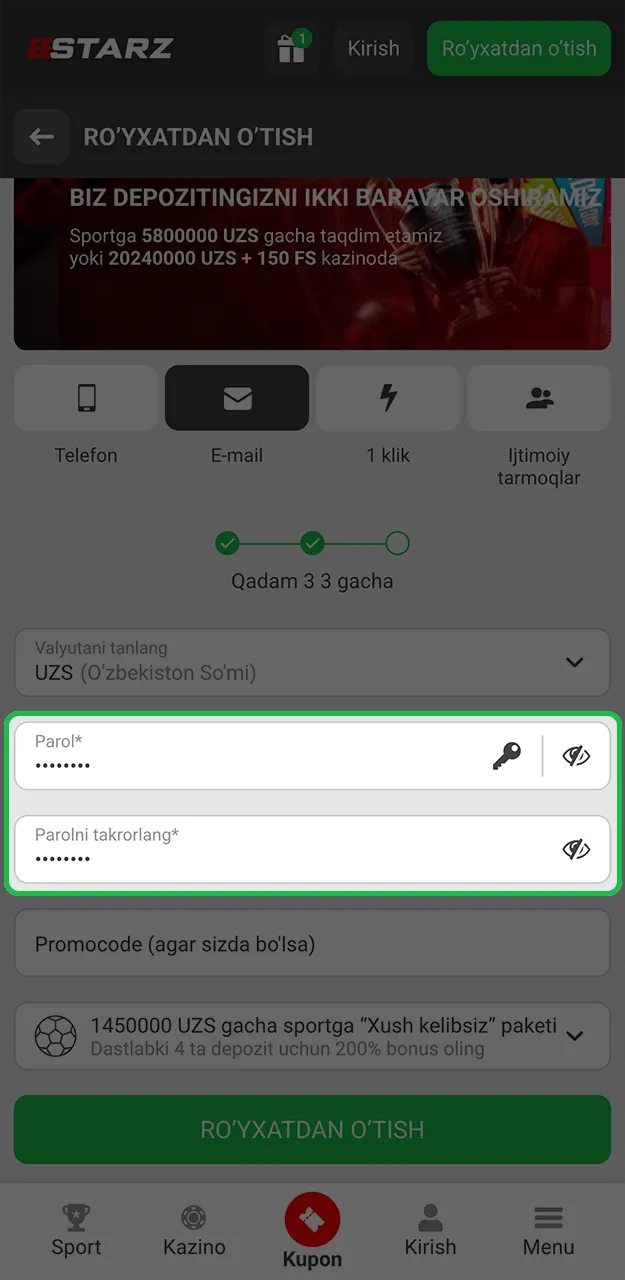 888starz saytida hisob yaratishda kuchli va noyob parol o'ylab toping.
