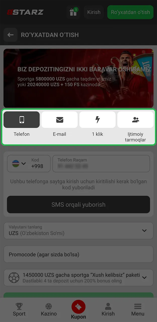 888starz saytida sizga eng mos keladigan ro'yxatdan o'tish usulini tanlang.