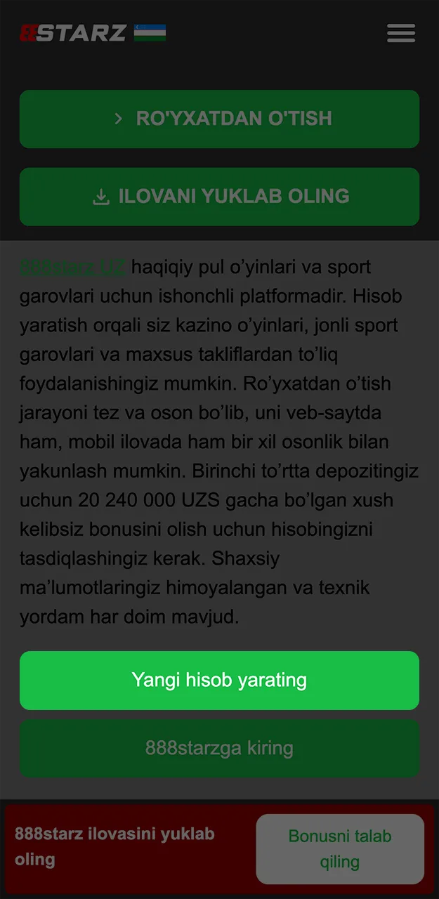 888starz saytida ro'yxatdan o'tishga tez kirish uchun yashil tugmani bosing.