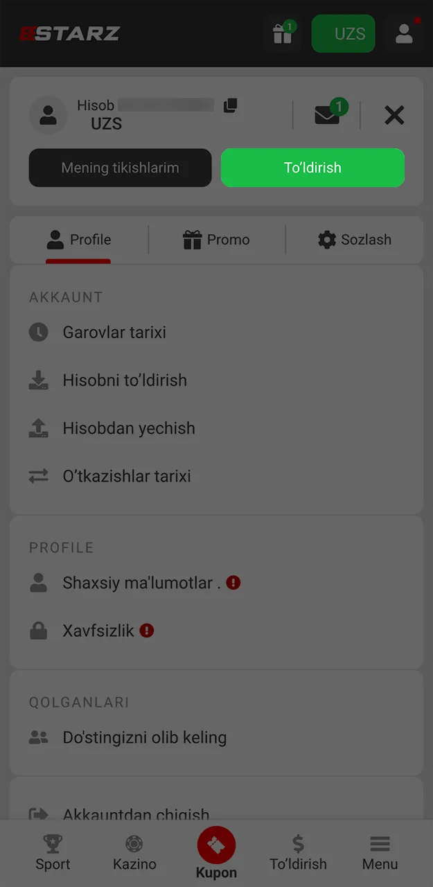 888starz saytida depozit menyusini oching.