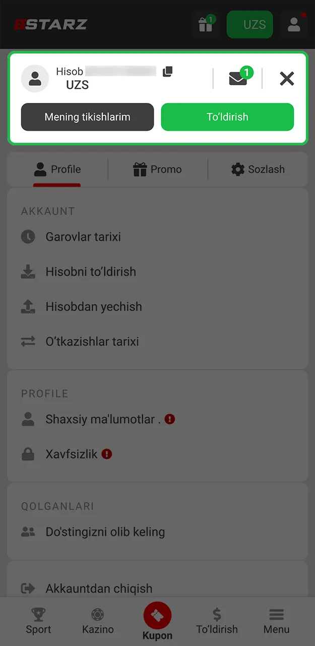 Iltimos, 888starz saytida hisobingizni tekshirib, mablag'lar tushgan-yo'qligini ko'ring.