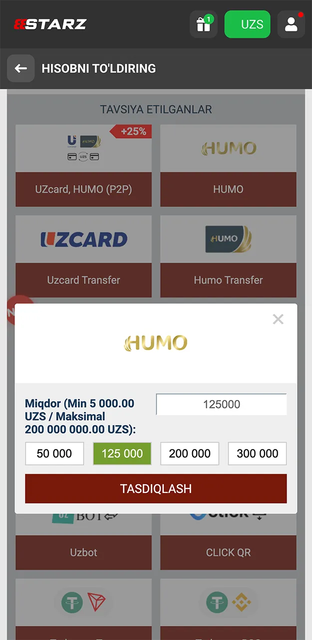 Iltimos, formani to'ldiring va 888starz ilovasida omonatingizni tasdiqlang.