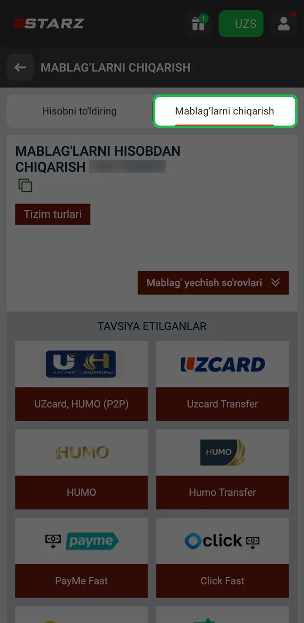 888starz veb-saytidagi pul yechish bo'limiga o'ting.