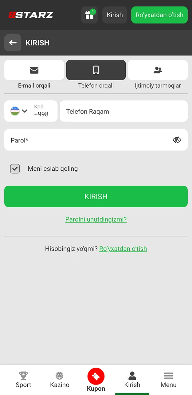 Mobil telefoningiz yordamida 888starz saytiga hisobingizga kiring.
