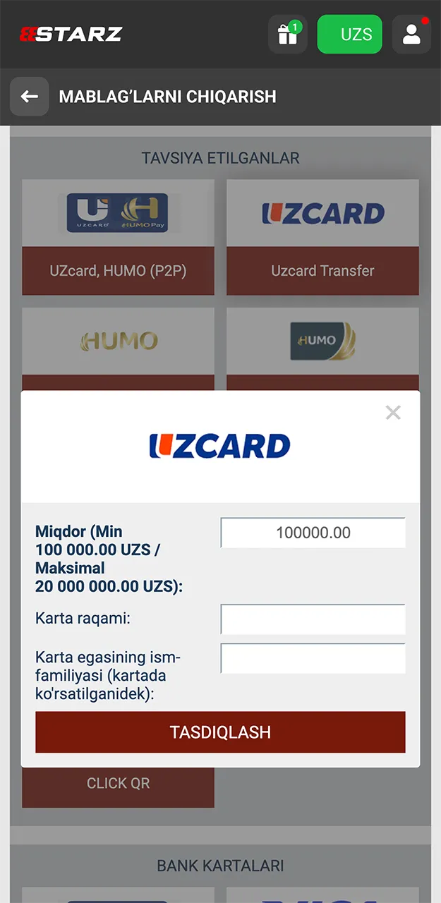Iltimos, 888starz saytida pul yechish ma'lumotlarini ehtiyotkorlik bilan to'ldiring va tranzaksiyani tasdiqlang.