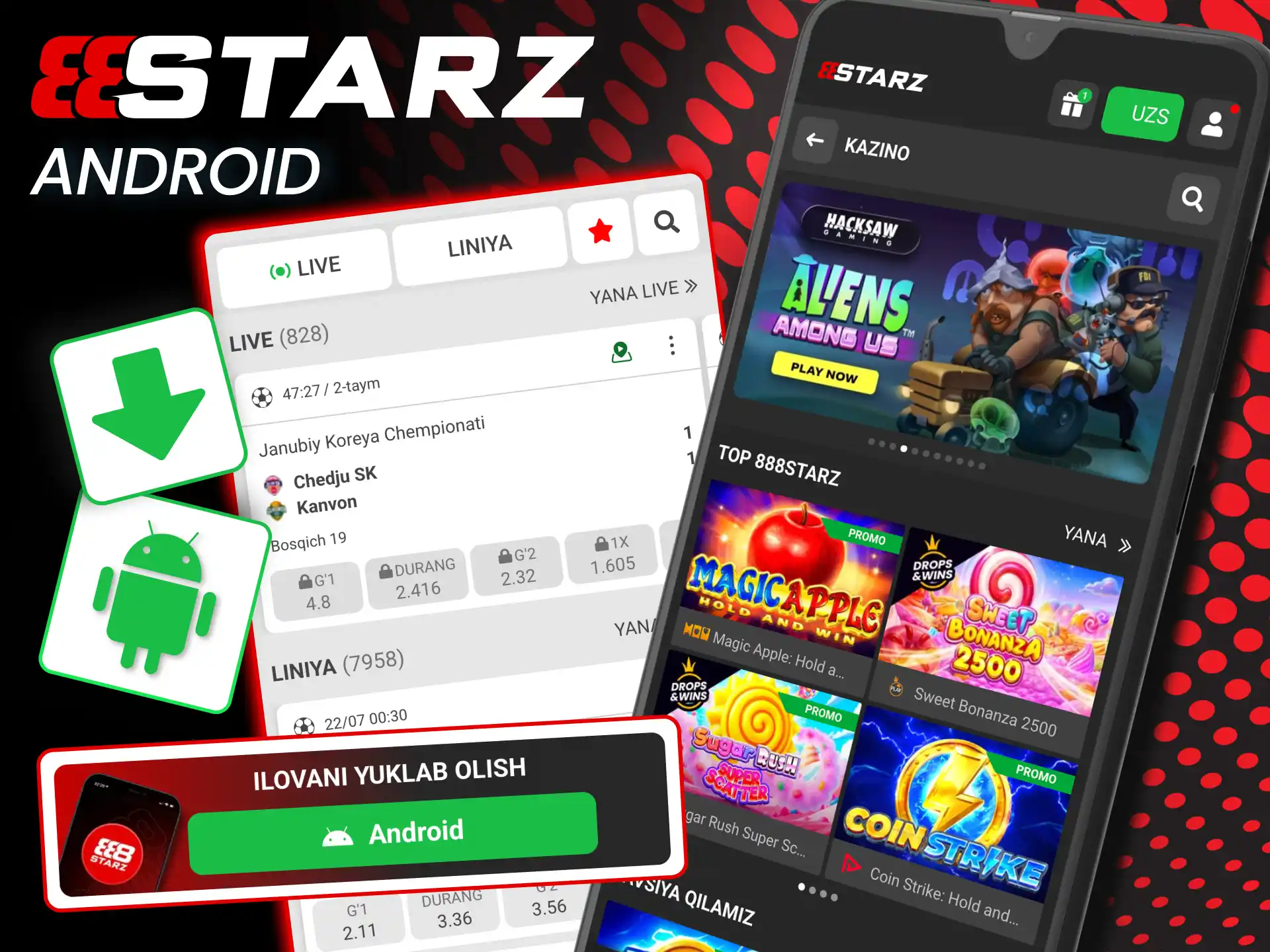 Android yuklash 888starz APK rasmiy saytdan olinib, nomaʼlum manbalar ruxsati bilan o‘rnatiladi.