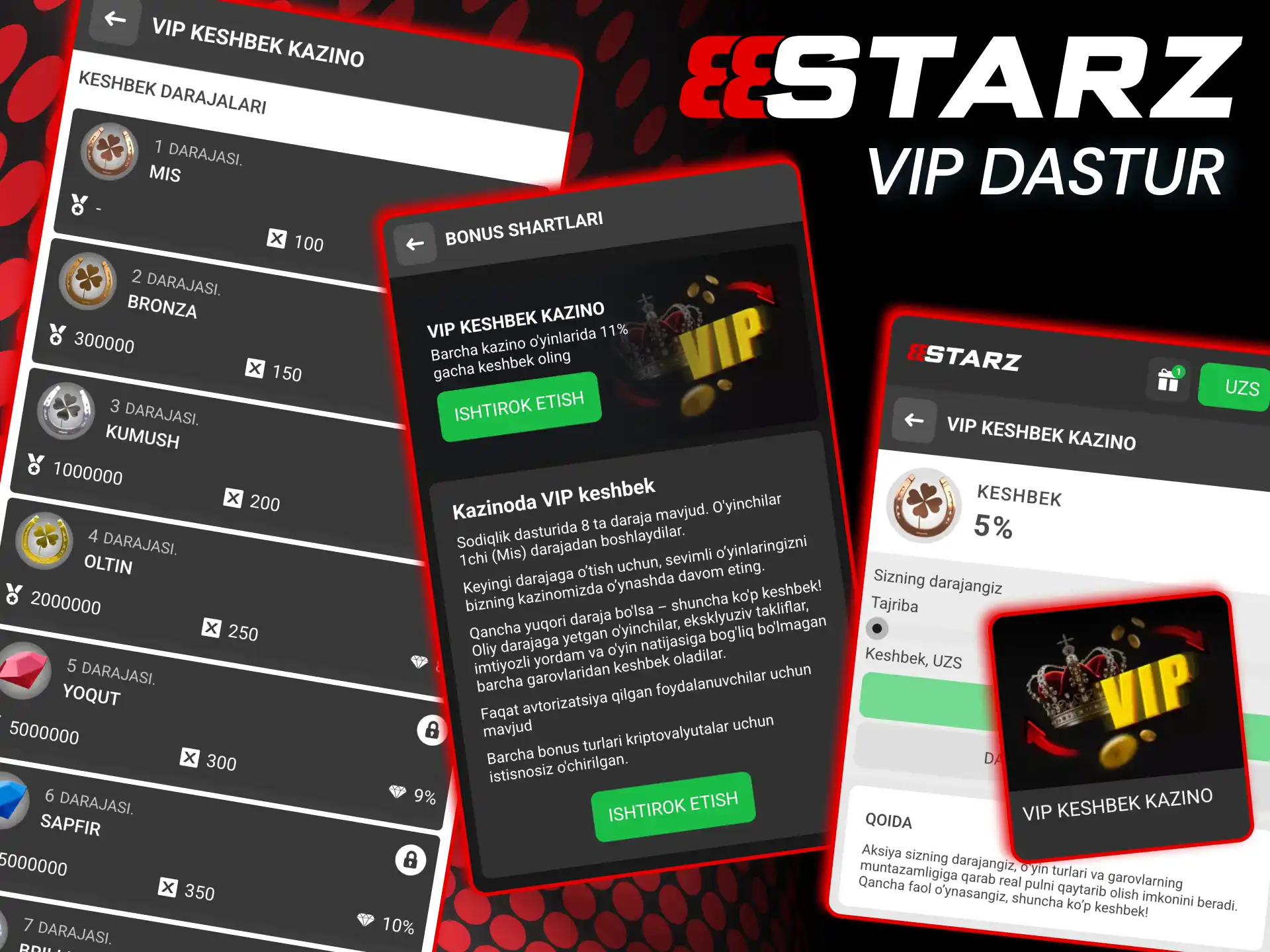 Premium imtiyozlar 888starz Oʻzbek o‘yinchilariga faoliyatga qarab VIP status beradi.